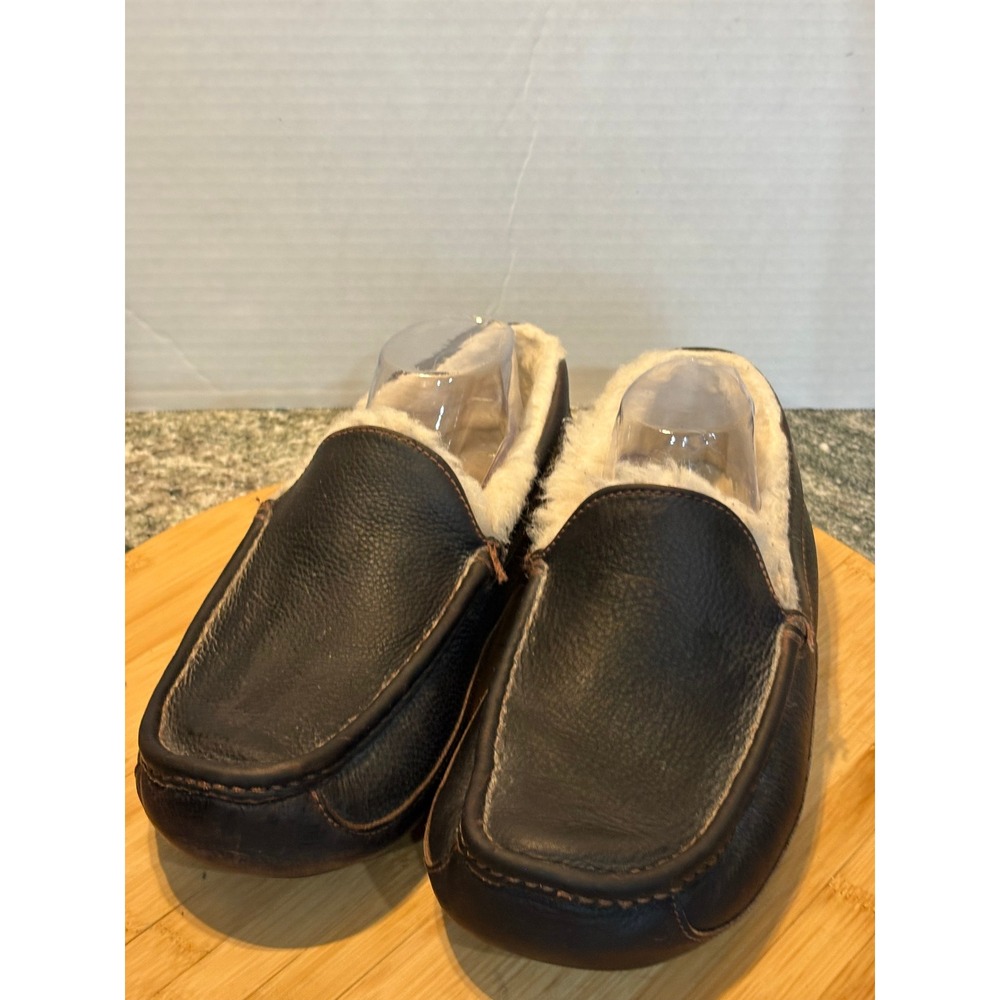 UGG Ascot Men 9 Dark Brown Leather Wool Lined Moccasin Slippers 5379‎